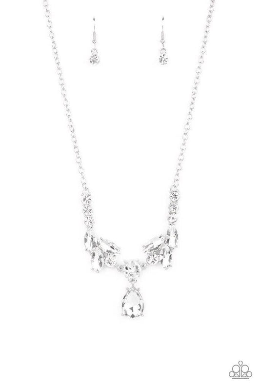 Paparazzi Accessories Unrivaled Sparkle - White Tiers of white rhinestone encrusted frames delicately link below the collar, giving way to an oversized white teardrop rhinestone pendant for a timeless finish. Features an adjustable clasp closure. Sold as