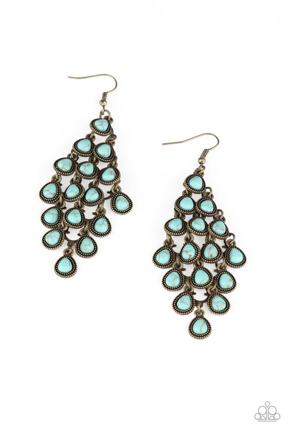 Paparazzi Accessories Rural Rainstorms - Brass Featuring studded brass frames, dainty turquoise teardrops cascade from the ear. The earthy frames dangle from a netted backdrop, coalescing into a rustic lure. Earring attaches to a standard fishhook fitting