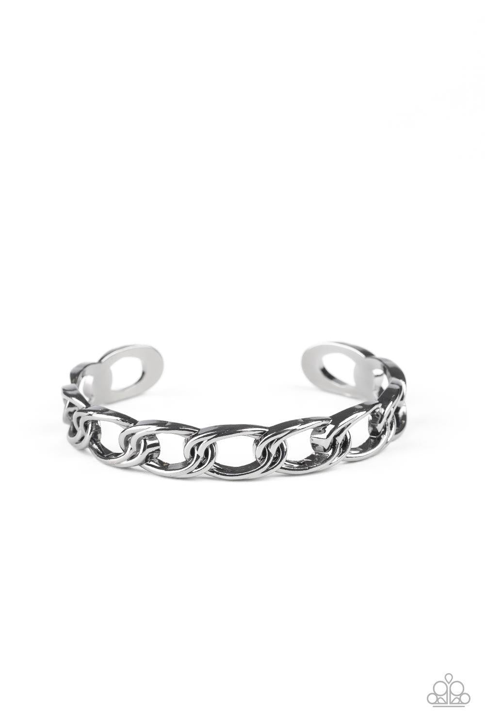 Paparazzi Accessories LINK Tank - Black Brushed in a shimmery finish, double chain gunmetal links connect into a dainty cuff around the wrist for an edgy style. Sold as one individual bracelet. Jewelry