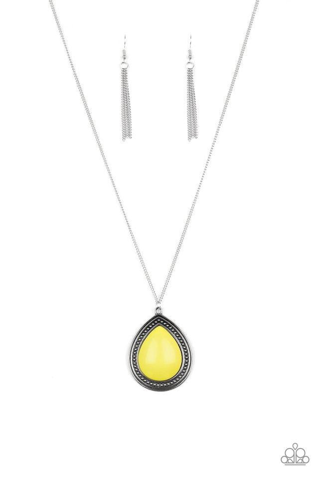 Paparazzi Accessories Chroma Courageous - Yellow An oversized yellow bead is pressed into the center of a studded teardrop frame, creating a vibrant pop of color at the bottom of a lengthened silver chain. Features an adjustable clasp closure. Sold as one