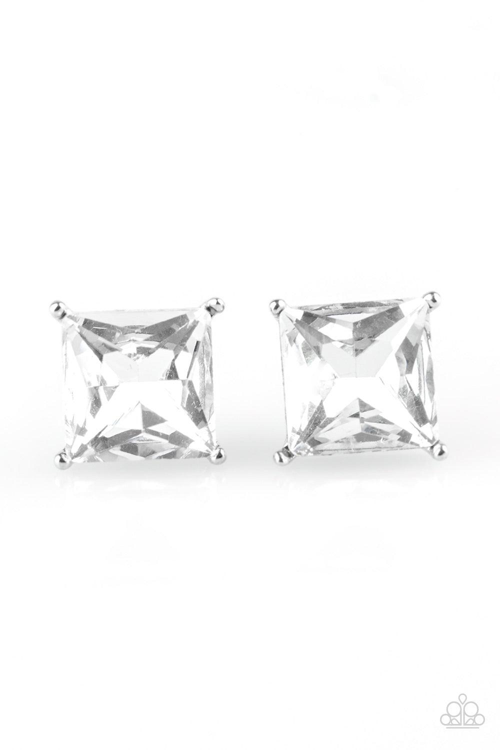 Paparazzi Accessories The Big Bang - White Featuring a timeless princess style cut, a dramatic white gem is pressed into a sleek silver frame for a timeless look. Earring attaches to a standard post fitting. Jewelry