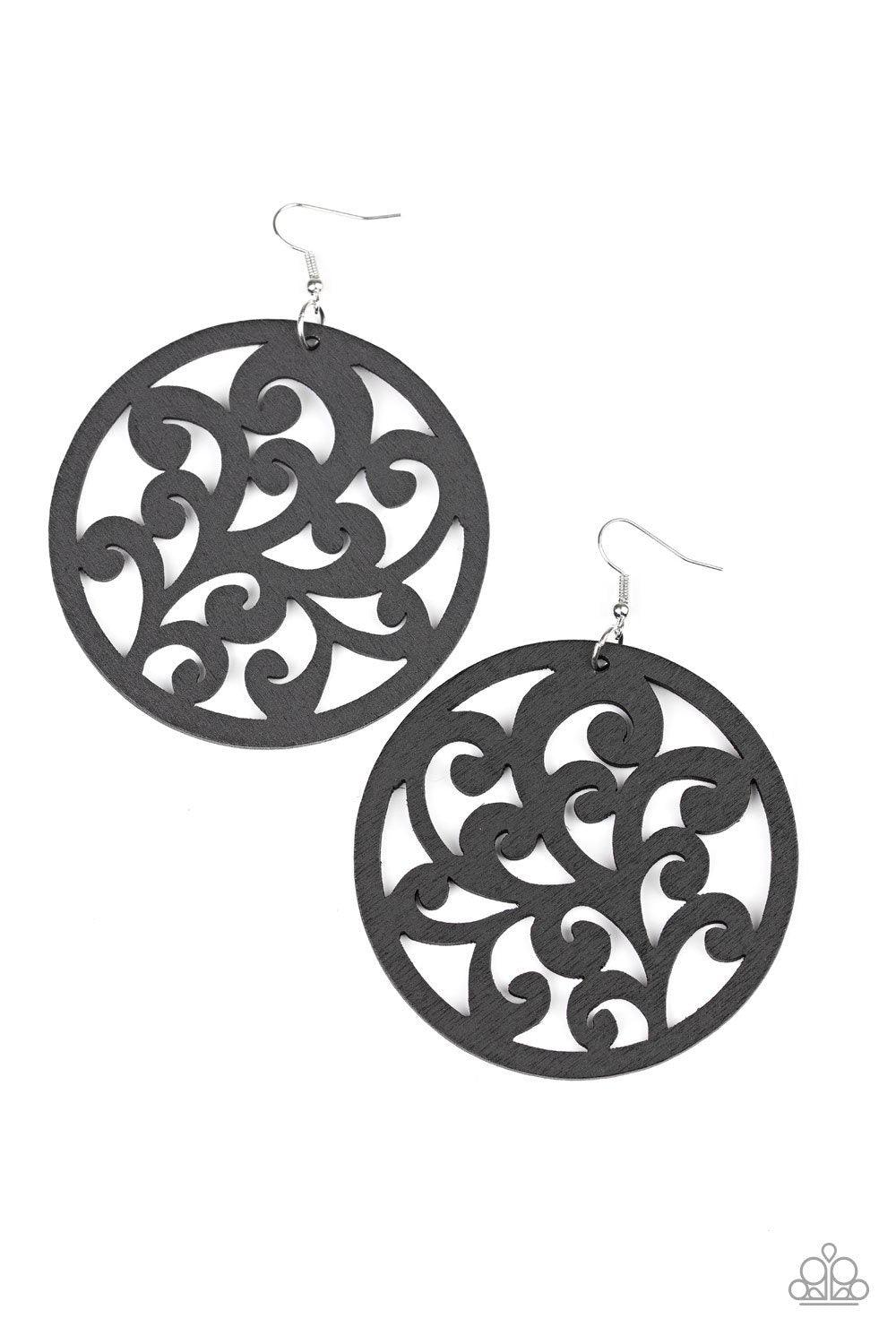 Paparazzi Accessories Fresh Off the Vine - Black Stenciled in vine-like filigree, a black wooden frame swings from the ear for an earthy look. Earring attaches to a standard fishhook fitting. Jewelry
