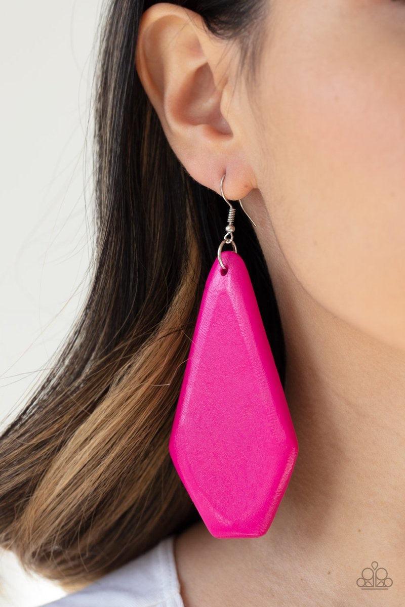 Paparazzi Accessories Vacation Ready ~Pink Brushed in a vivacious pink finish, an oversized wooden frame swings from the ear for an abstract statement-making look. Earring attaches to a standard fishhook fitting.