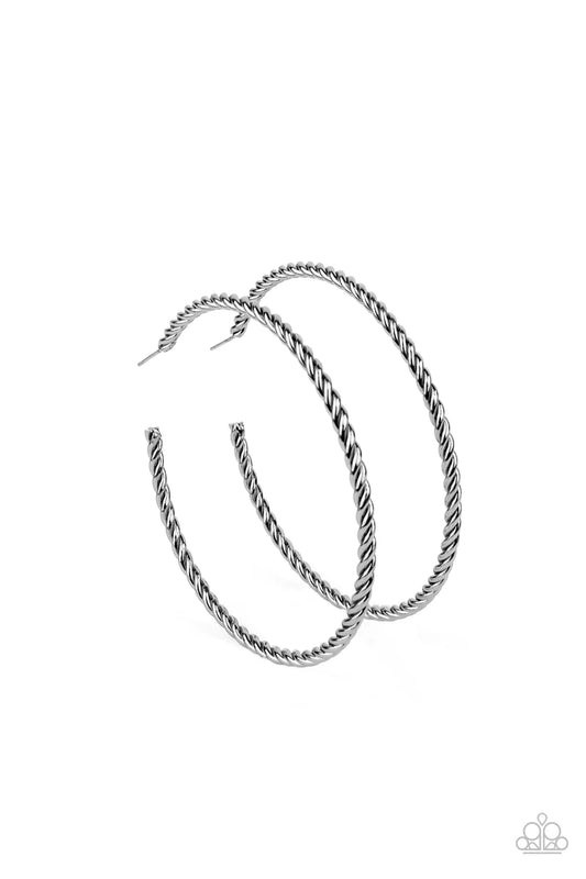 Paparazzi Accessories Resist The Twist - Black Shiny gunmetal strands twist together to form an edgy statement-making hoop. Earring attaches to a standard post fitting. Hoop measures approximately 2 3/4 in diameter. Sold as one pair of hoop earrings.