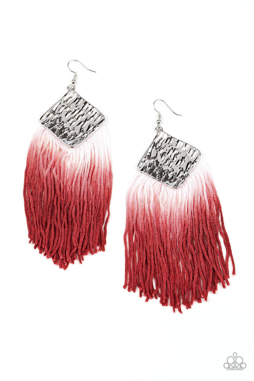 Paparazzi Accessories DIP The Scales - Red Fading from white to Samba, shiny thread dances from the bottom of a hammered silver frame, creating a flirtatious fringe. Earring attaches to a standard fishhook fitting. Sold as one pair of earrings. Jewelry