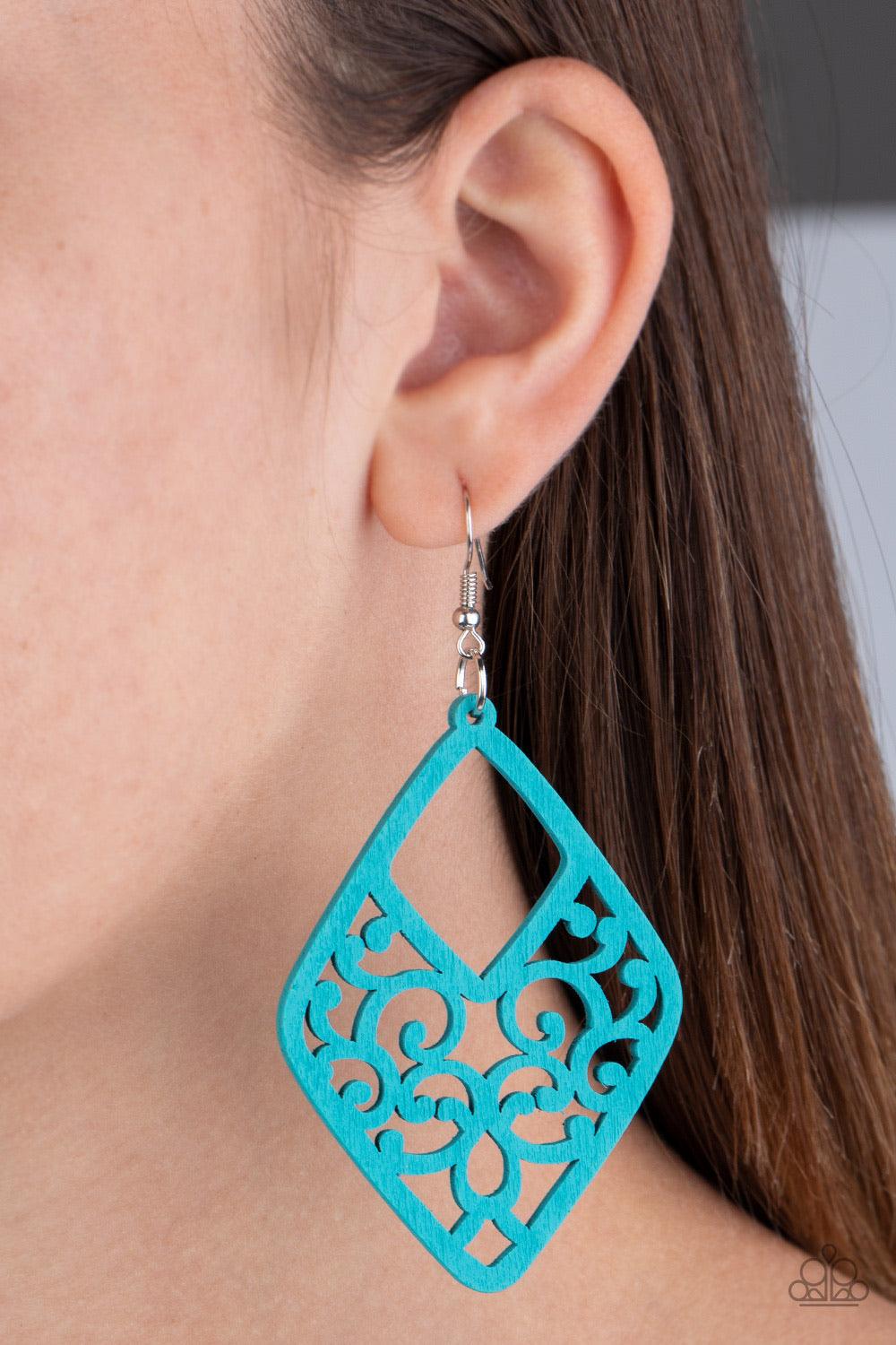 Paparazzi Accessories Vine For Taking - Blue Brushed in a refreshing blue finish, wooden vine-like filigree climbs an airy kite-shaped frame for a seasonal vibe. Earring attaches to a standard fishhook fitting. Sold as one pair of earrings. Jewelry