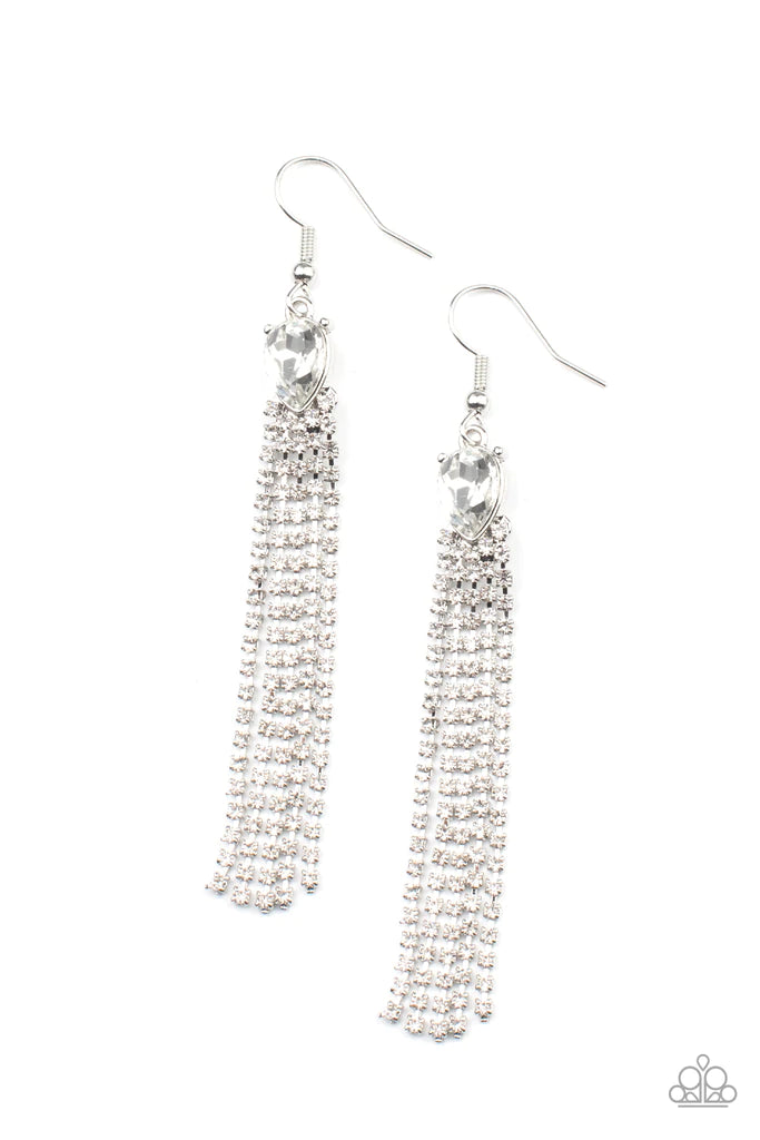 Paparazzi Accessories Drop-Dead Dainty - White Dainty strands of glassy white rhinestones stream out from the bottom of a glittery white teardrop rhinestone, creating a timelessly tasseled display. Earring attaches to a standard fishhook fitting. Sold as