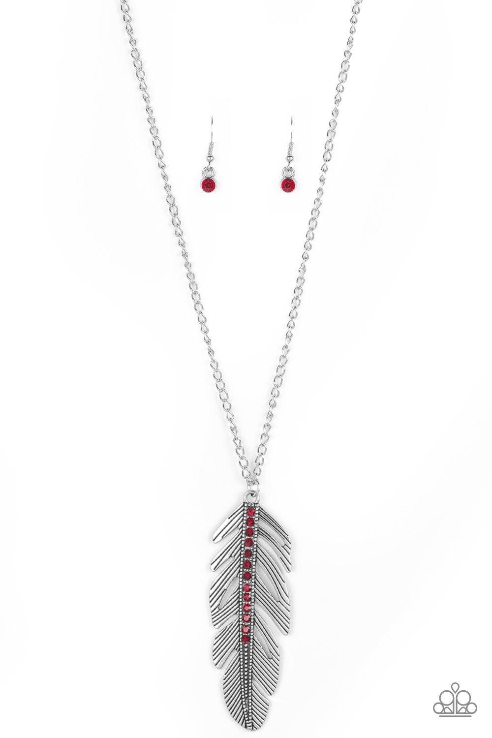 Paparazzi Accessories Sky Quest - Red Glittery red rhinestones are encrusted down the spine of a life-like silver feather. The whimsical pendant swings from the bottom of a lengthened silver chain for a seasonal look. Features an adjustable clasp closure.