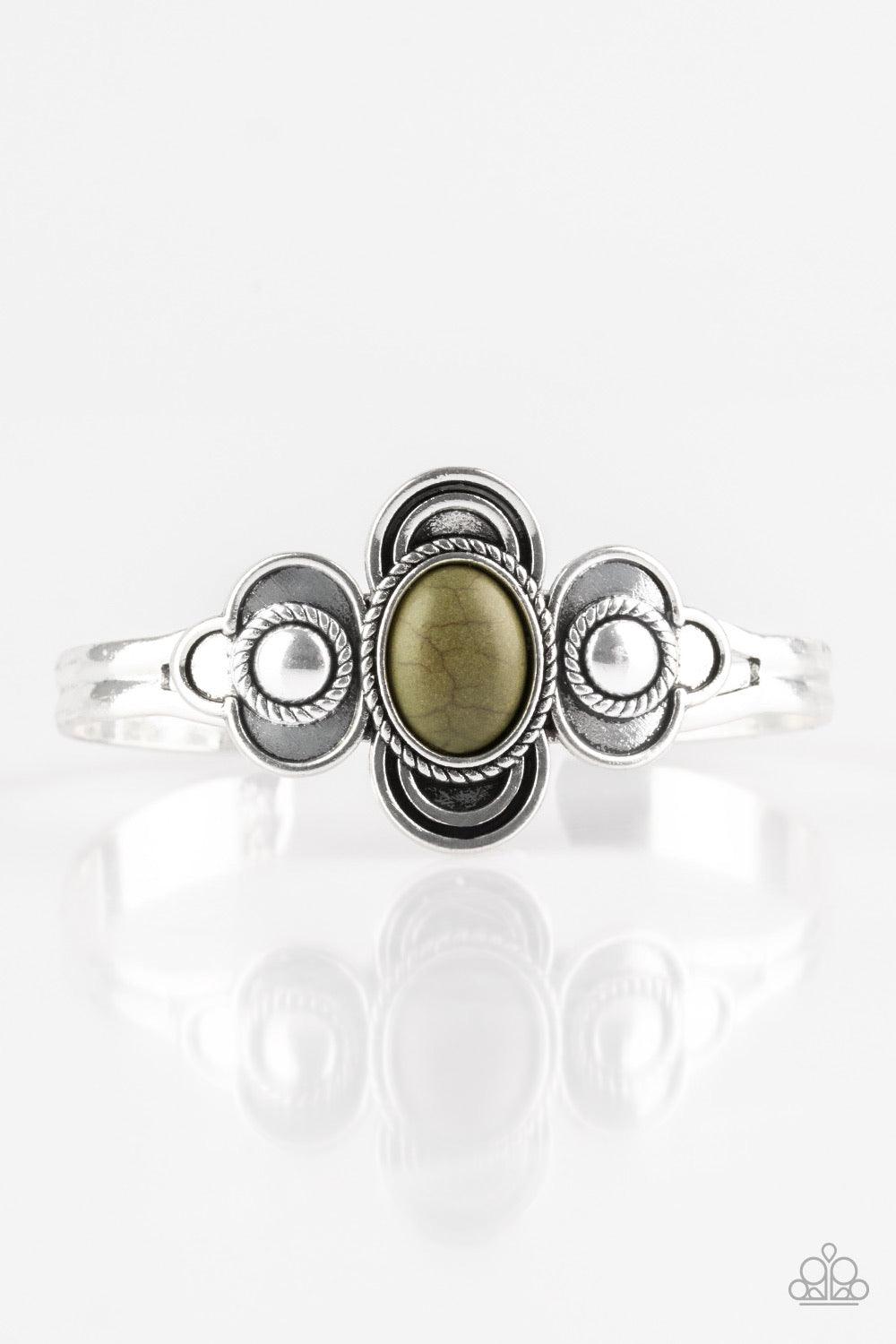 Paparazzi Accessories Dream COWGIRL - Green An earthy green stone is pressed into the center of a dainty silver cuff radiating with textured silver frames for a seasonal look. Sold as one individual bracelet. Jewelry
