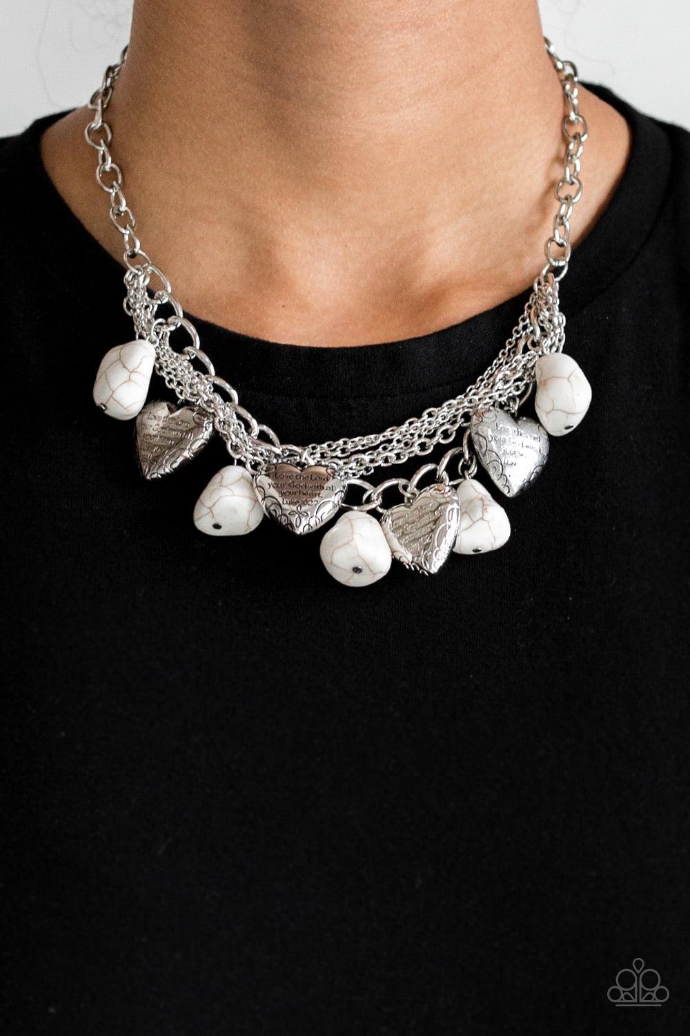 Paparazzi Accessories Change of Heart - White White faux rocks alternate with heart charms along a chunky silver chain. Hearts are inscribed with the phrase "With All My Heart" on one side and a short bible verse on the other that reads, "Love the Lord th