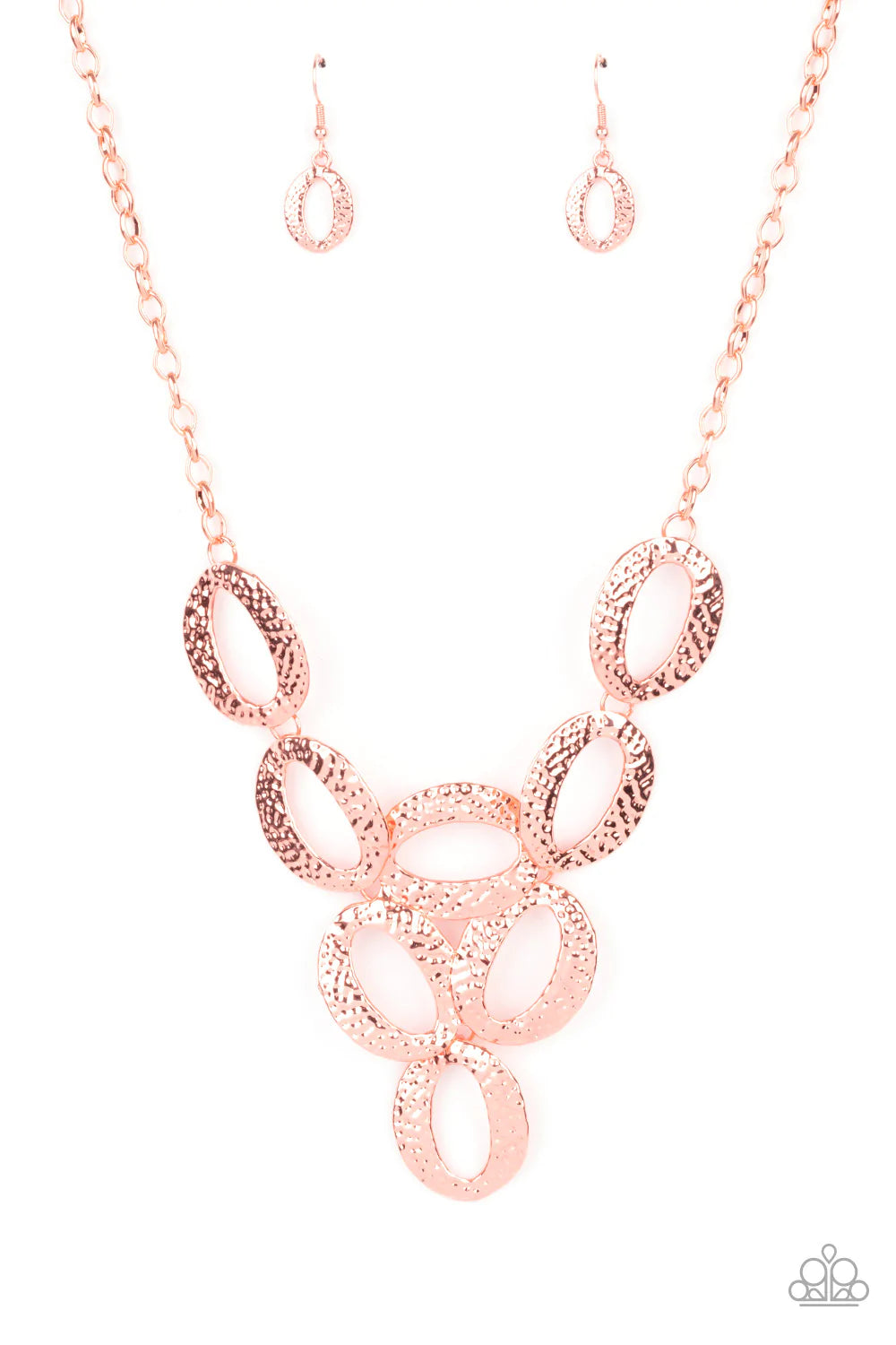 Paparazzi Accessories OVAL The Limit - Copper Hammered in shimmery detail, oversized shiny copper ovals delicately link into a dramatic centerpiece below the collar for a refined look. Features an adjustable clasp closure. Sold as one individual necklace.
