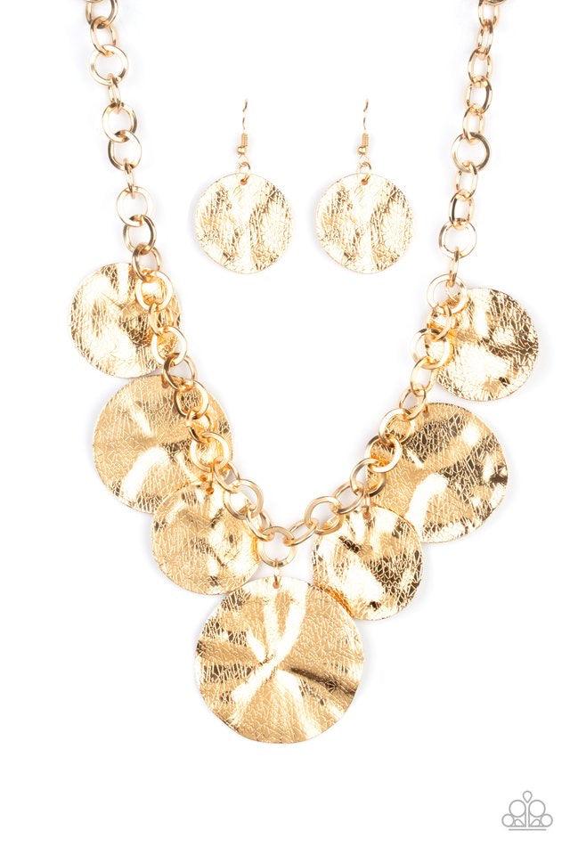 Paparazzi Accessories Barely Scratched The Surface - Gold Scratched in shimmer, warped gold discs swing from the bottom of a thick gold chain, creating a bold fringe below the collar. Features an adjustable clasp closure. Sold as one individual necklace.