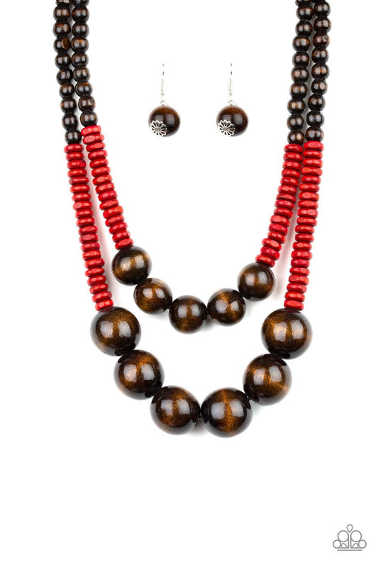 Paparazzi Accessories Cancun Cast Away - Red Earthy brown and fiery red wooden beads and discs are threaded along shiny strands of brown cording, creating colorful layers. Features a button loop closure. Sold as one individual necklace. Includes one pair