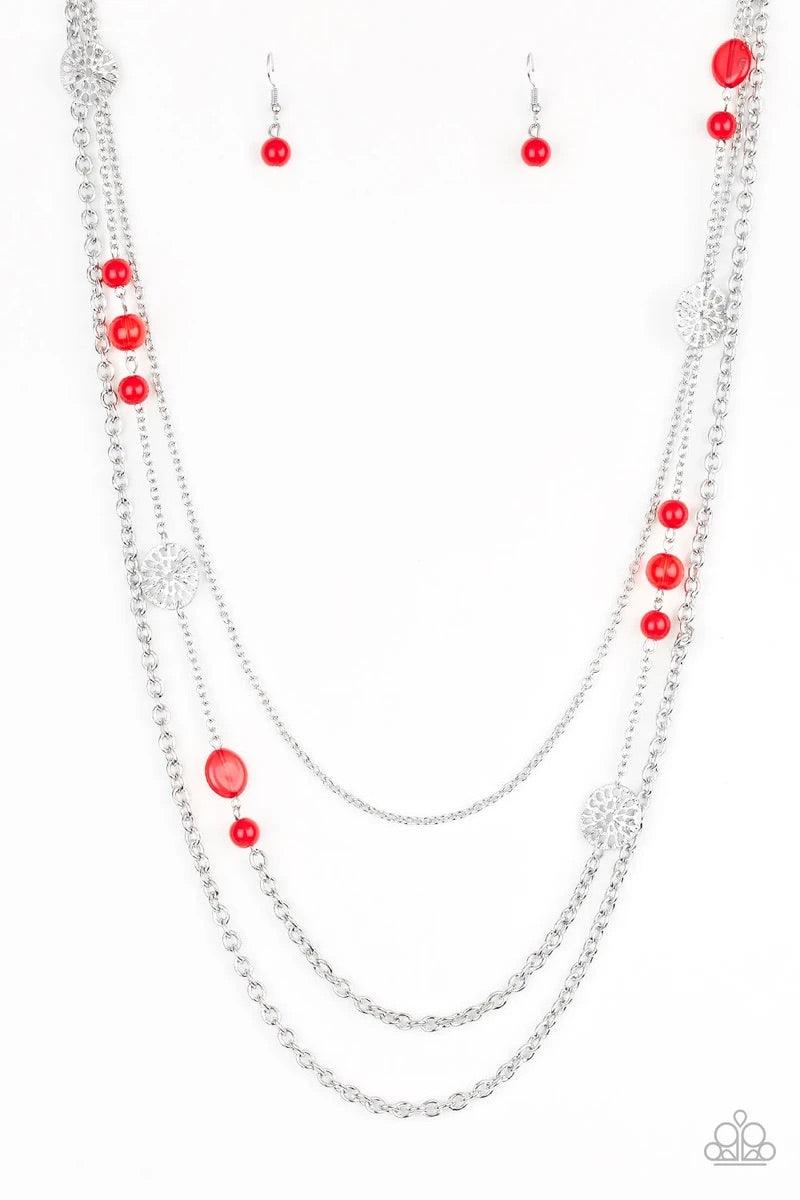 Paparazzi Accessories Pretty Pop-tastic! - Red Ornate silver accents, glassy beads, and polished red beads trickle along strands of shimmery silver chains for a whimsical look. Features an adjustable clasp closure. Sold as one individual necklace. Include