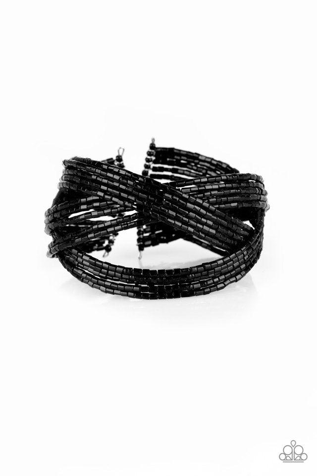 Paparazzi Accessories Shooting Star ~Black Layers of shiny black seed beads are braided together to create a breathtaking cuff design that shimmers brilliantly along the wrist.