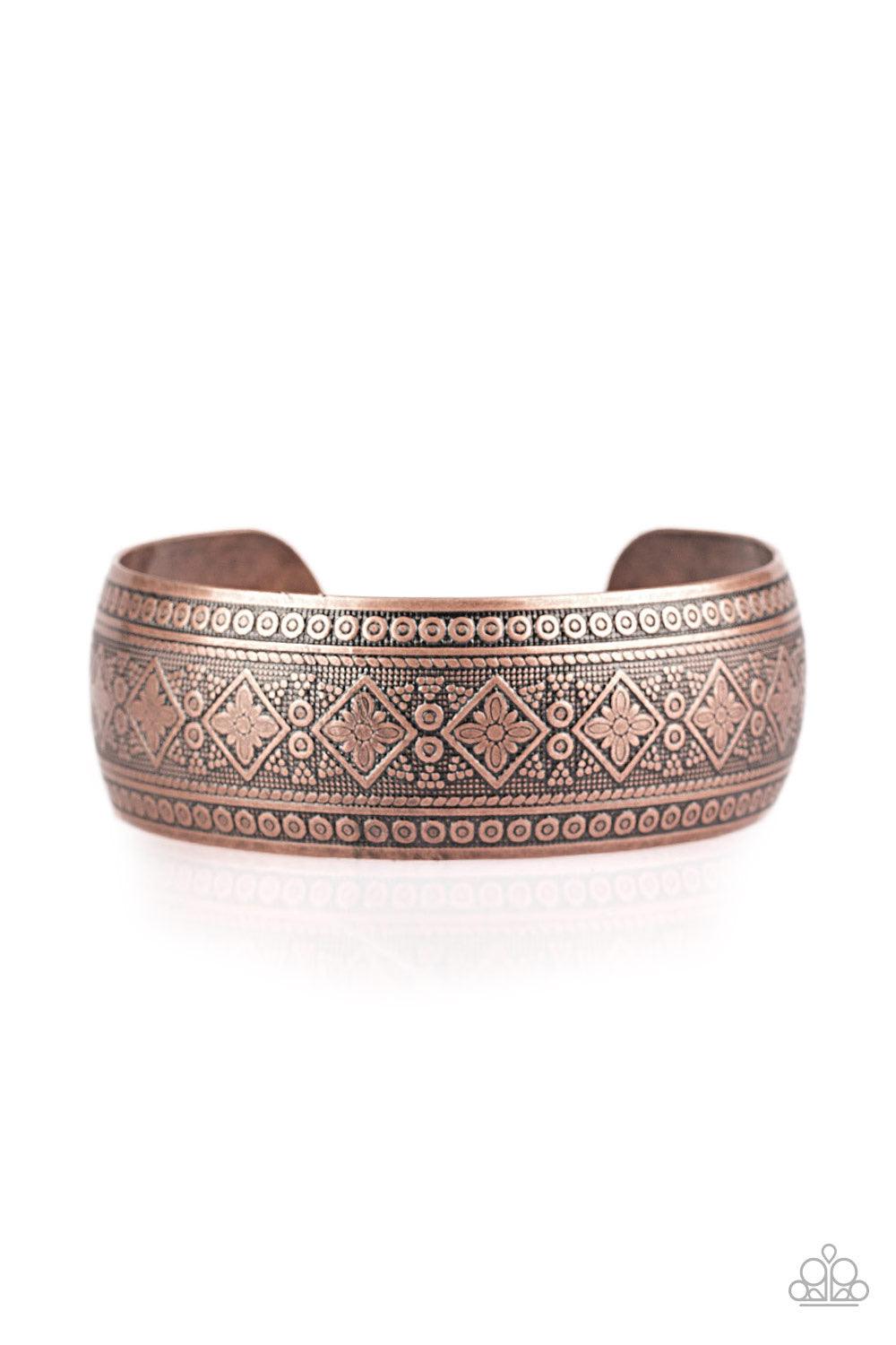 Paparazzi Accessories Gorgeously Gypsy - Copper Embossed in whimsical floral patterns, an ornate copper cuff curls around the wrist for a seasonal look. Sold as one individual bracelet. Jewelry