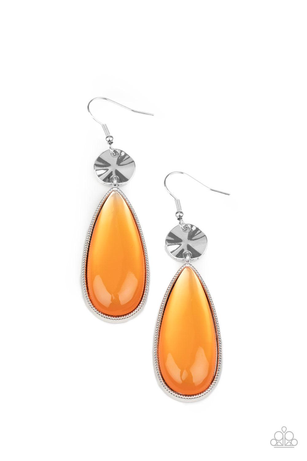 Paparazzi Accessories Jaw-Dropping Drama - Orange A creased silver disc gives way to a dramatically oversized glassy Amberglow teardrop frame, creating a colorful statement. Earring attaches to a standard fishhook fitting. Sold as one pair of earrings. Je