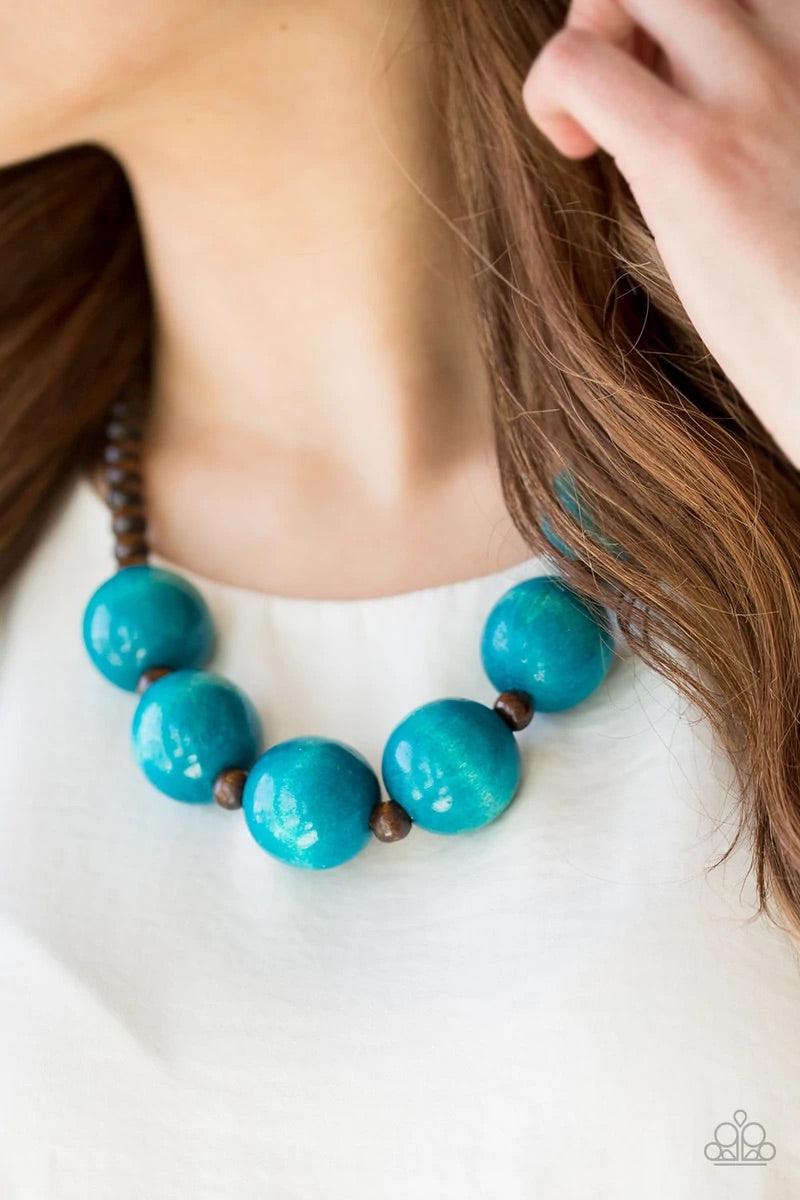 Paparazzi Accessories Oh My Miami - Blue Brown wooden beads are threaded along shiny brown cording. Brushed in a vivacious finish, dramatic blue wooden beads alternate below the collar for a bold summer look. Features a button loop closure. Sold as one in