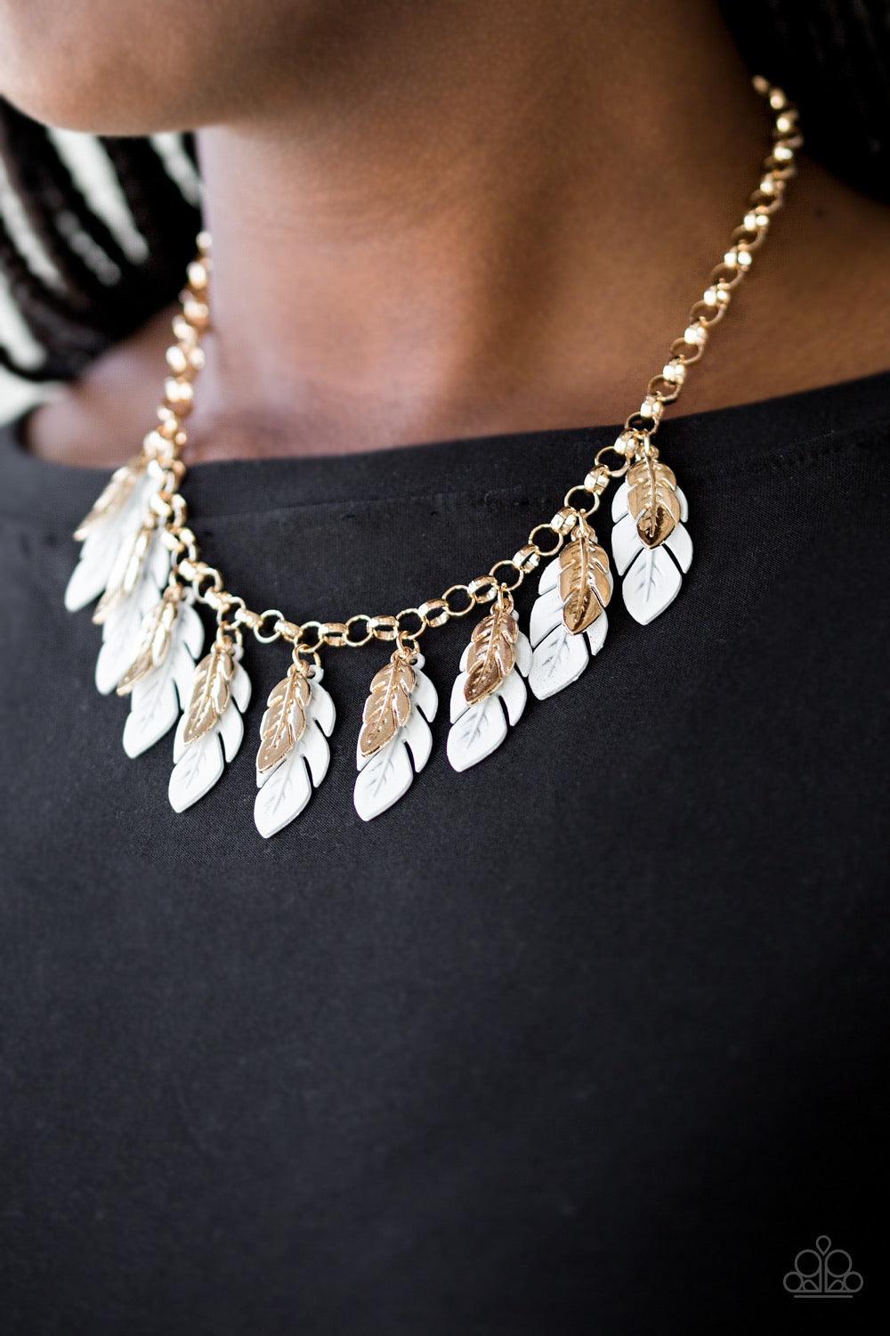 Paparazzi Accessories Rule the Roost - White Glistening gold and refreshing white feathers swing from the bottom of a bold gold chain, creating a fierce fringe below the collar. Features an adjustable clasp closure. Sold as one individual necklace. Includ