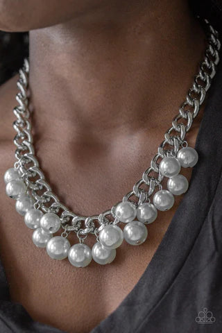 Paparazzi Accessories Get Off My Runway - Silver Bubbly silver pearls swing from the bottom of a hefty silver chain, creating a dramatic fringe below the collar. Features an adjustable clasp closure. Sold as one individual necklace. Includes one pair of m
