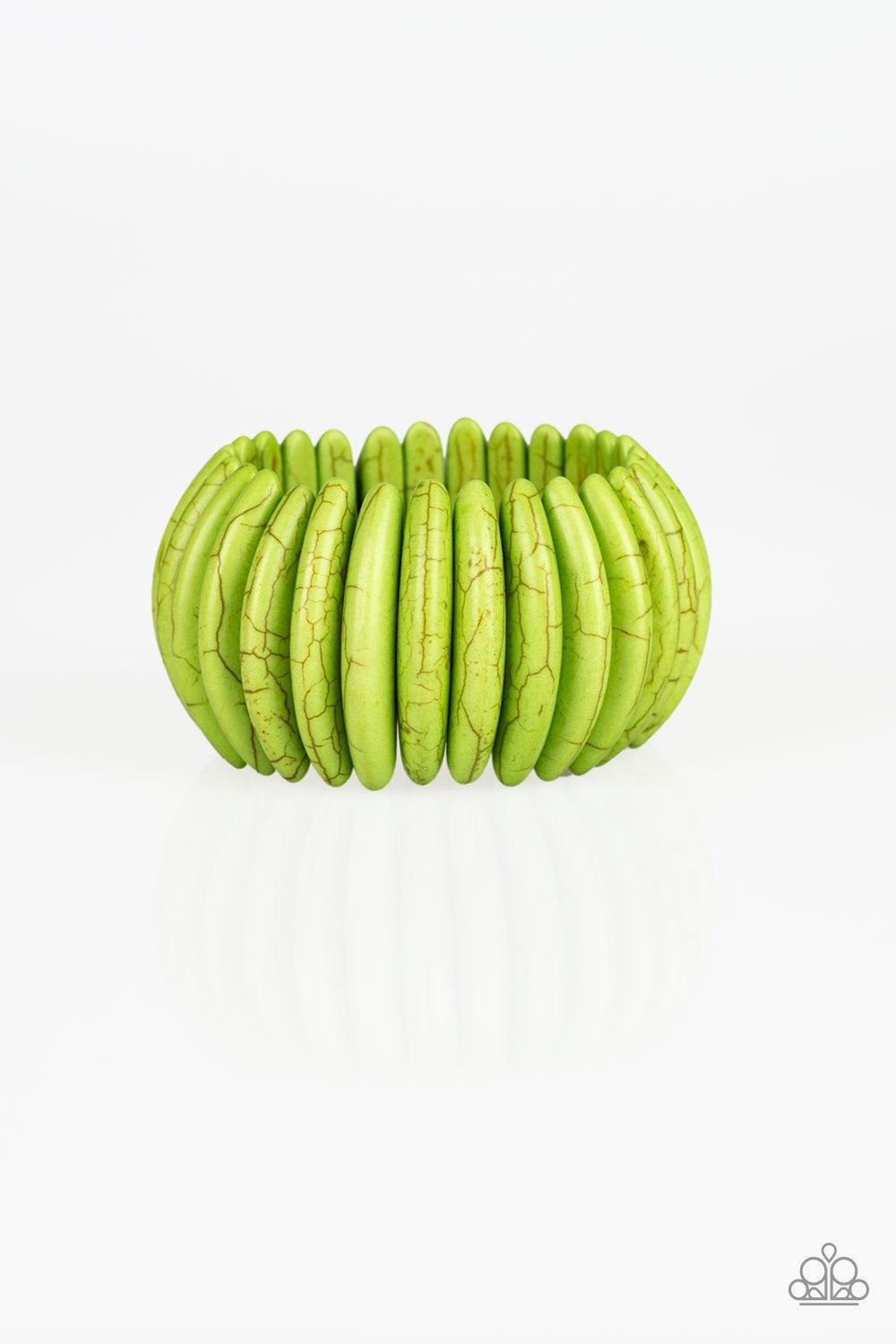 Paparazzi Accessories Naturally Nomad - Green Chiseled into earthy crescent shapes, refreshing green stones are threaded along stretchy bands around the wrist for an artisan inspired look. Jewelry