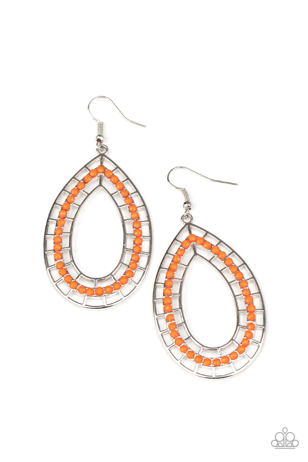 Paparazzi Accessories Fruity Fiesta - Orange Fruity Fiesta Orange Paparazzi Dainty Amberglow beads dot the front of a stenciled silver teardrop, creating a colorful lure. Earring attaches to a standard fishhook fitting. Sold as one pair of earrings. Earri
