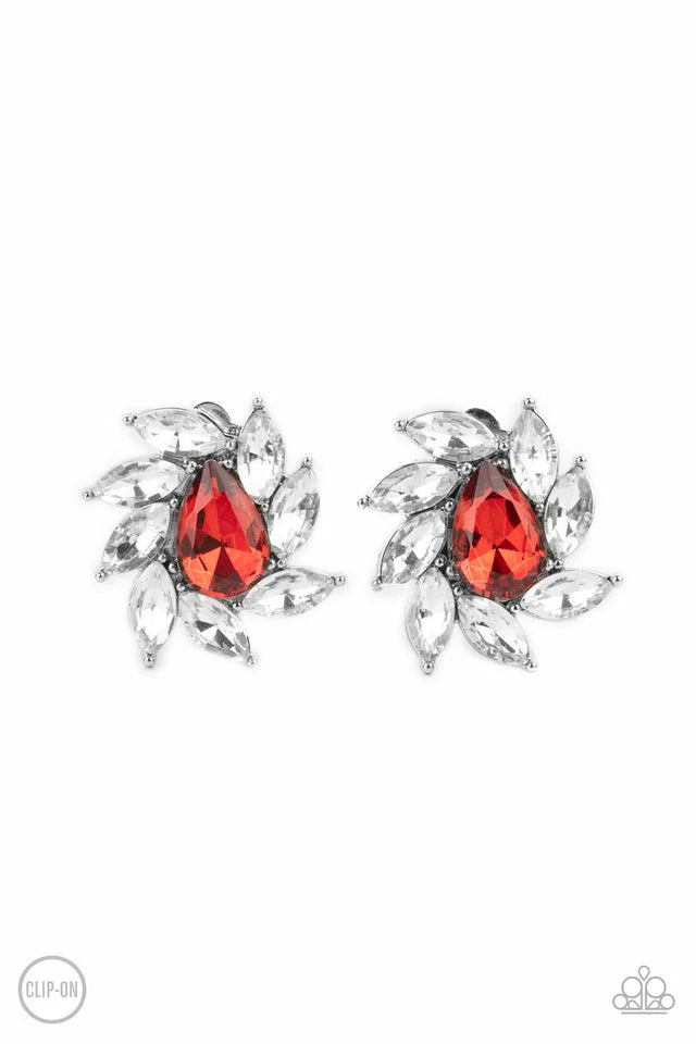 Paparazzi Accessories Sophisticated Swirl - Red *Clip-On A red faceted teardrop gem is encompassed by a radiating frame of sparkling white marquise rhinestones set in silver pronged fittings creating a dramatically vintage finish. Earring attaches to a st