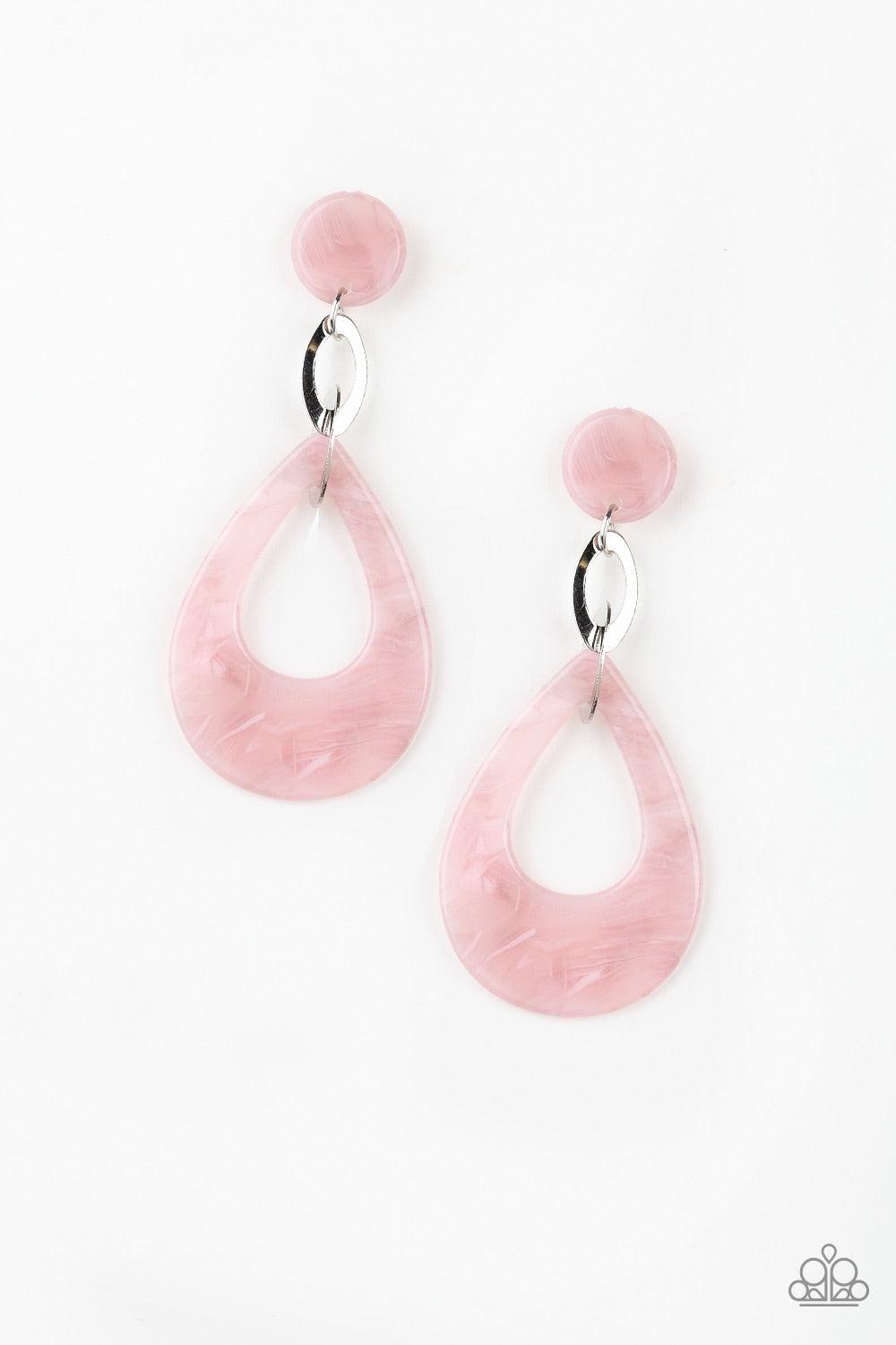 Paparazzi Accessories Beach Oasis - Pink Brushed in a faux marble finish, a pink acrylic teardrop links to a matching acrylic fitting as it swings from the ear for a summery look. Earring attaches to a standard post fitting. Jewelry