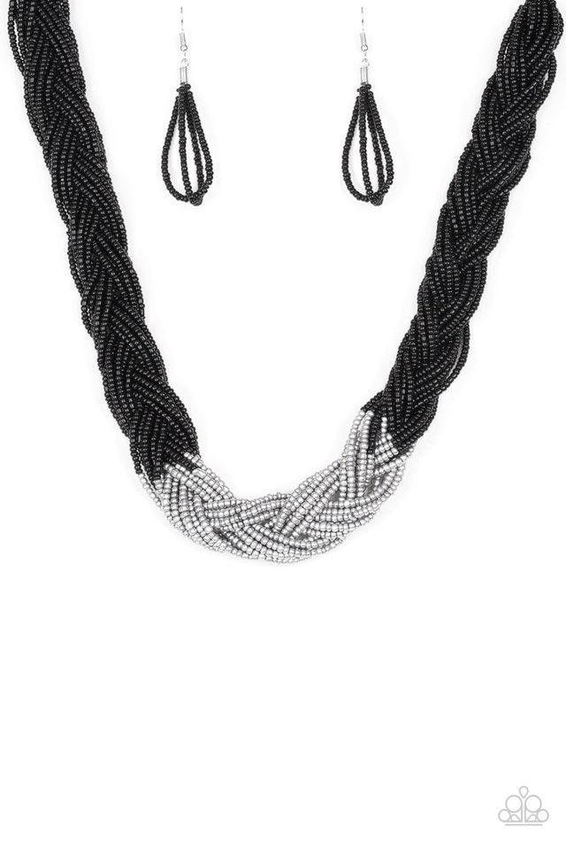 Paparazzi Accessories Brazilian Brilliance - Black Strands of black seed beads create an indigenous braid below the collar. The black seed beads gradually morph into silvery metallic beads at the center for a chic contrasting look. Features an adjustable