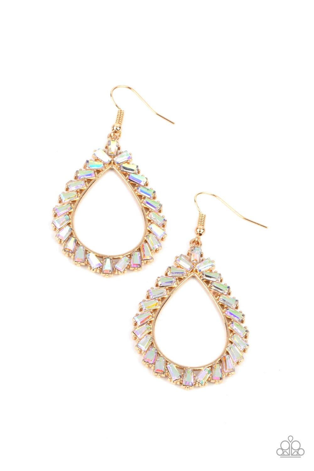 Paparazzi Accessories Stay Sharp - Gold Featuring flared emerald style cuts, a glittery collection of iridescent gems adorn the front of a gold teardrop for a jaw-dropping dazzle. Earring attaches to a standard fishhook fitting. Sold as one pair of earrin