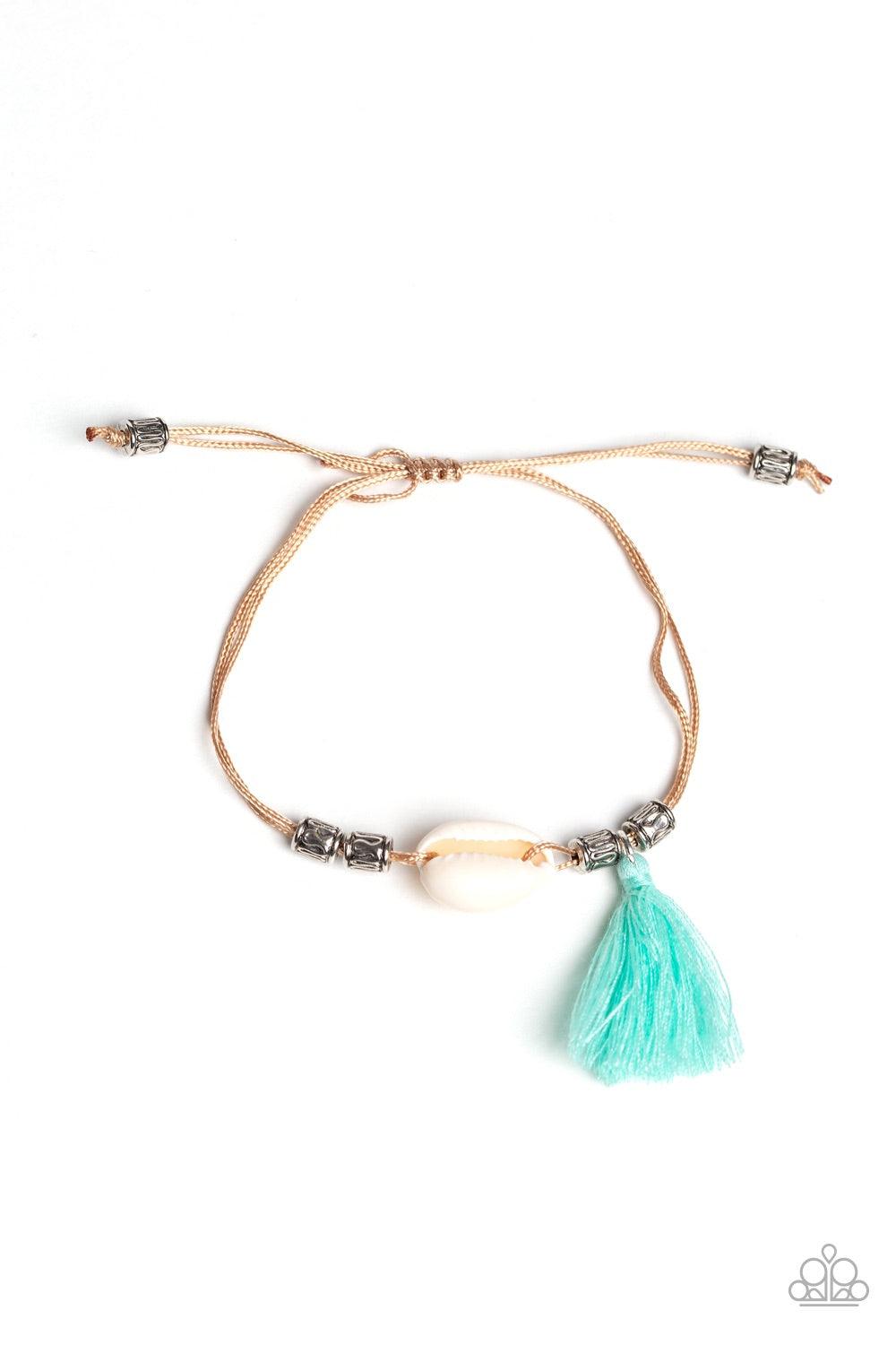 Paparazzi Accessories SEA If I Care - Green Infused with antiqued silver beads, a green threaded tassel and dainty white seashell slide along strips of shiny brown cording around the wrist for a summery look. Features an adjustable sliding knot closure. J