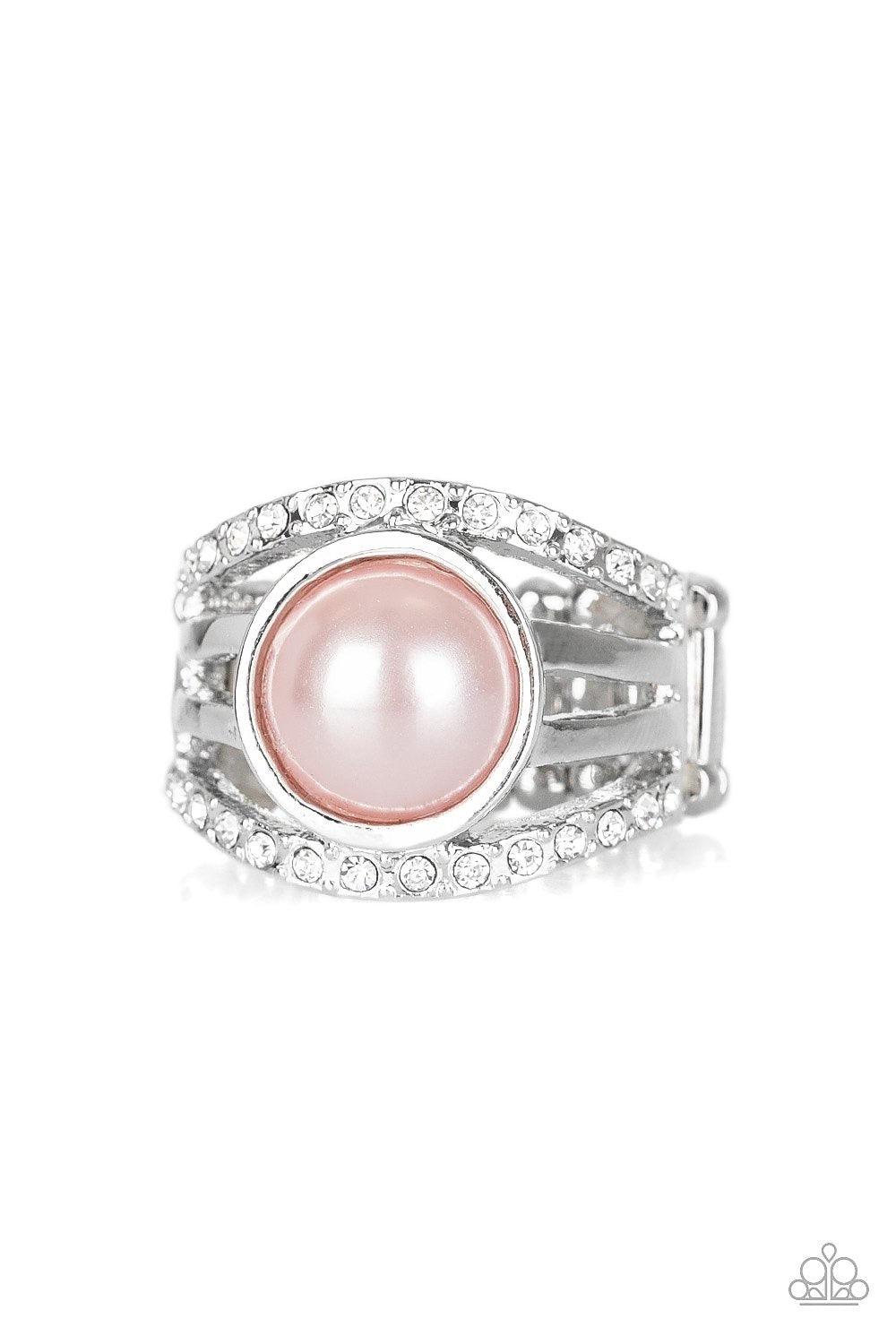 Paparazzi Accessories A Big Break - Pink Radiating with glassy white rhinestones, row after row of glittering silver bars arc across the finger. A pearly pink bead is pressed into the center of the layered bands, adding a dramatically refined finish to th