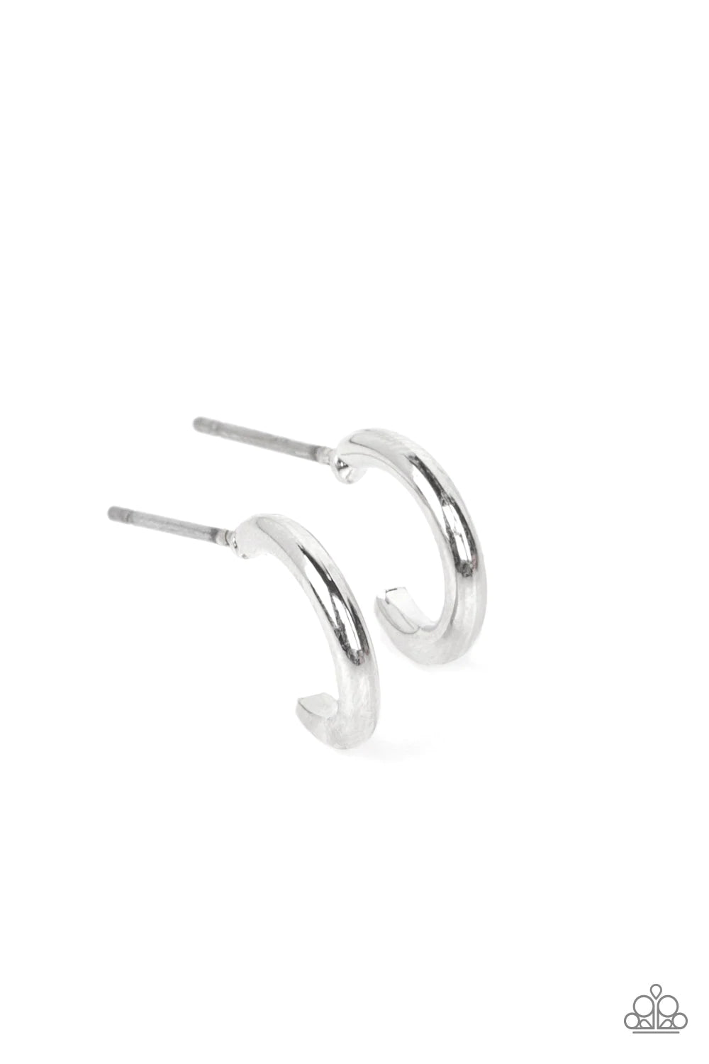 Paparazzi Accessories Skip The Small Talk - Silver A shiny silver bar curves into a classic hoop, creating a dainty peek of shimmer. Earring attaches to a standard post fitting. Hoop measures approximately 1/2" in diameter. Sold as one pair of hoop earrin