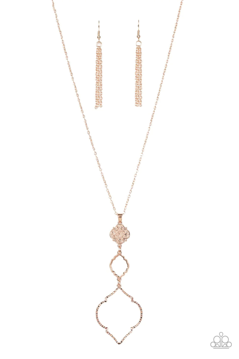 Paparazzi Accessories Marrakesh Mystery - Rose Gold Featuring mandala-like patterns, a floral lattice frame gives way to mismatched scalloped rose gold frames, creating a magnificently stacked pendant at the bottom of an extended rose gold chain. Features