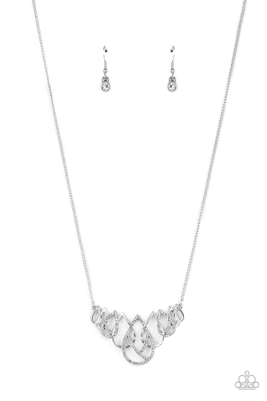 Paparazzi Accessories Thunderstruck Teardrops - White Gradually increasing in size, shiny silver and white rhinestone encrusted silver teardrops ornately interlock below the collar for a glamorous fashion. Features an adjustable clasp closure. Sold as one