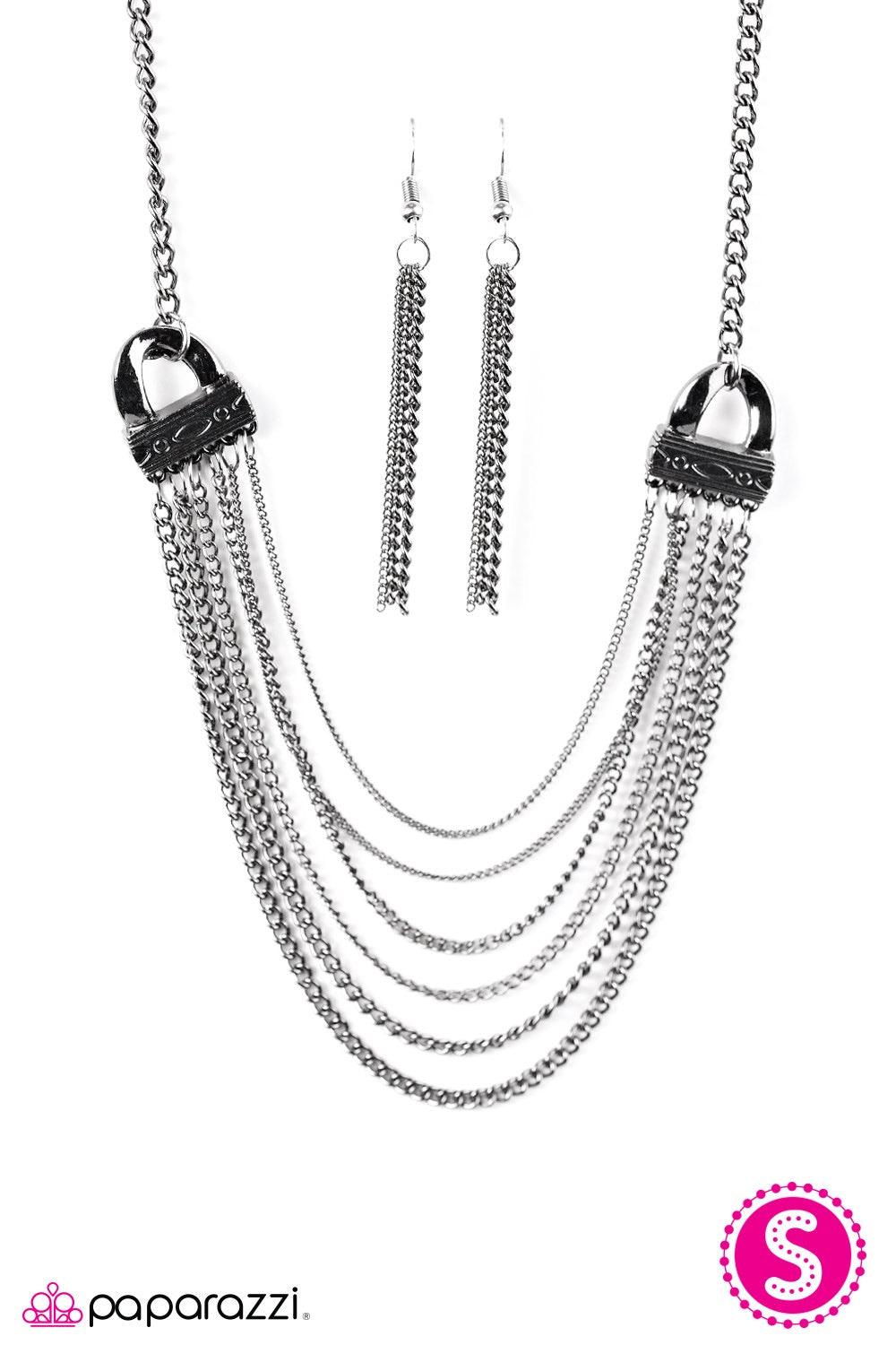 Paparazzi Accessories Rise of Rome - Black Shiny gunmetal chains swing from two glistening gunmetal accents, creating a chic metallic palette below the collar. Features an adjustable clasp closure. Jewelry