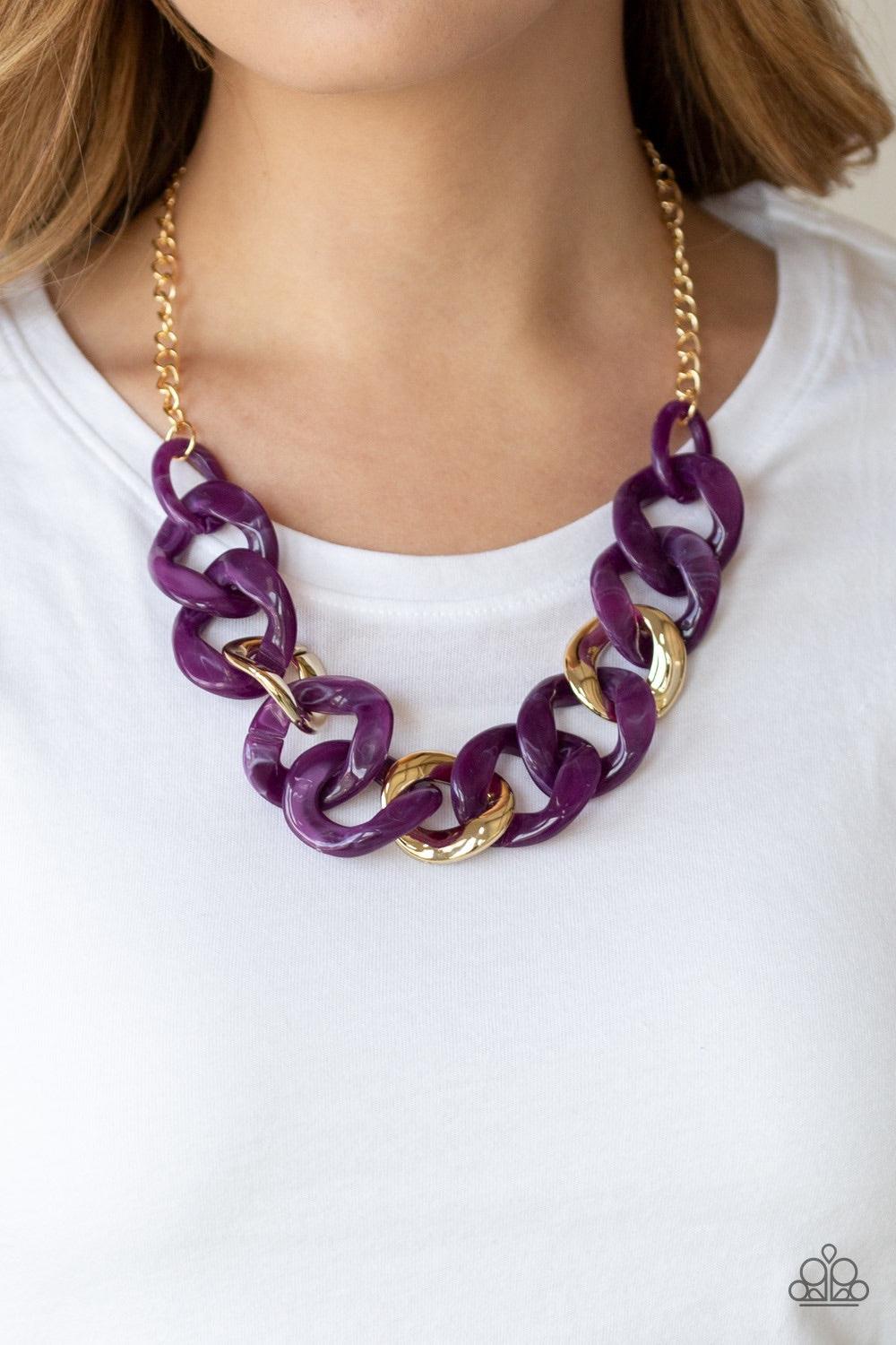 Paparazzi Accessories I Have A HAUTE Date - Purple Featuring a faux marble finish, smoky purple acrylic links connect with shiny metallic links below the collar for a colorful statement-making look. Features an adjustable clasp closure. Jewelry