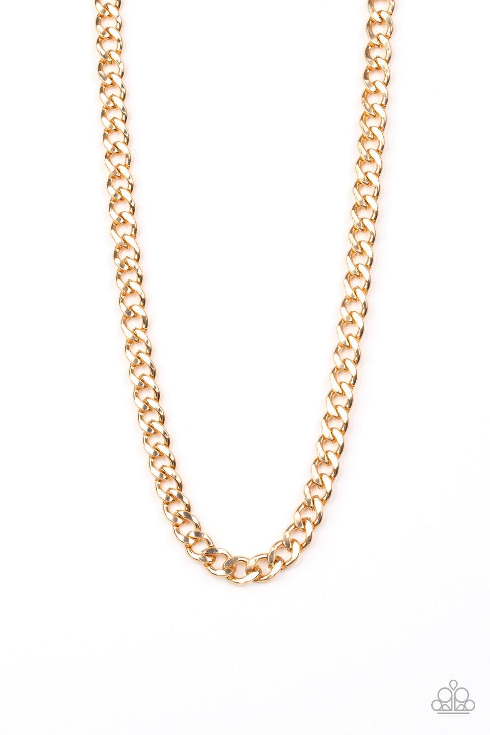 Paparazzi Accessories Alpha - Gold Featuring classic curb chain, a thick gold chain drapes across the chest for a sleek, upscale look. Features an adjustable clasp closure. Jewelry