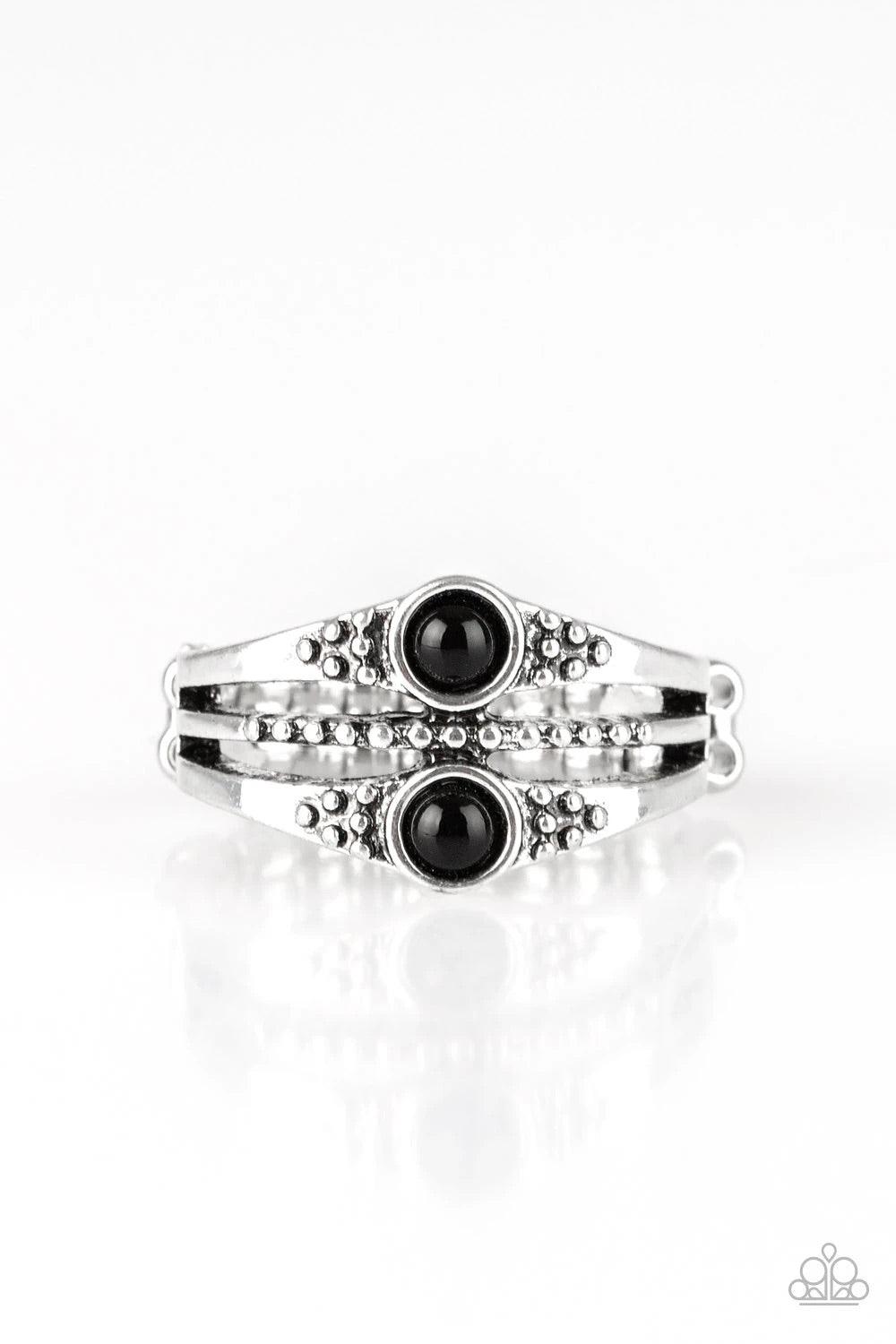 Paparazzi Accessories Give It Your ZEST - Black Dotted in shimmery silver studs, antiqued silver bands stack across the finger. Two shiny black beads are pressed into the upper and lower bands for a colorful finish. Features a dainty stretchy band for a f