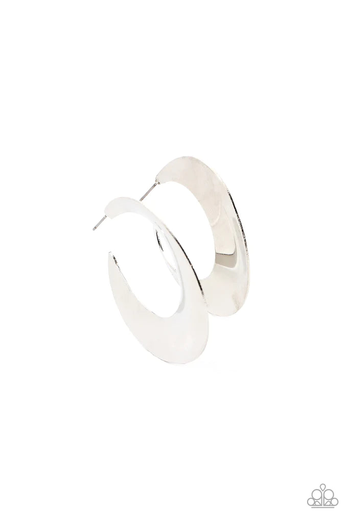 Paparazzi Accessories Power Curves - Silver A flat silver hoop widens and bevels at the center, curving into a dramatic shimmer. Earring attaches to a standard post fitting. Hoop measures approximately 2" in diameter. Sold as one pair of hoop earrings. Ea