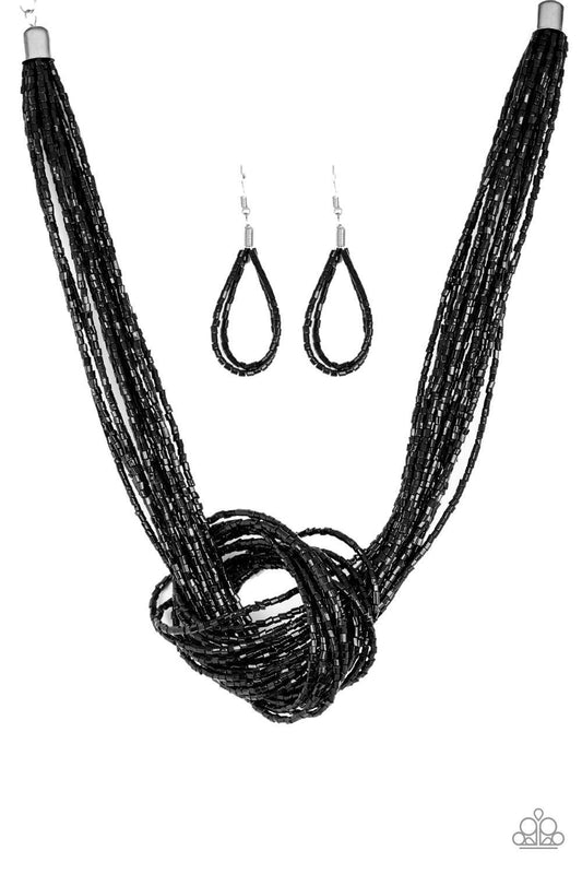Paparazzi Accessories Knotted Knockout - Black Countless strands of glistening black seed beads delicately knot together below the collar to create an unforgettable statement piece. Features an adjustable clasp closure. Jewelry