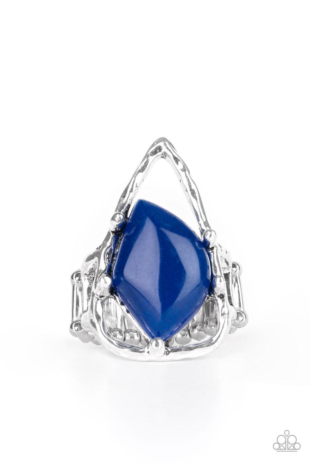 Paparazzi Accessories Get The Point - Blue An abstract blue stone is nestled inside a hammered silver triangle, creating an artisan inspired frame atop the finger. Features a stretchy band for a flexible fit. Jewelry