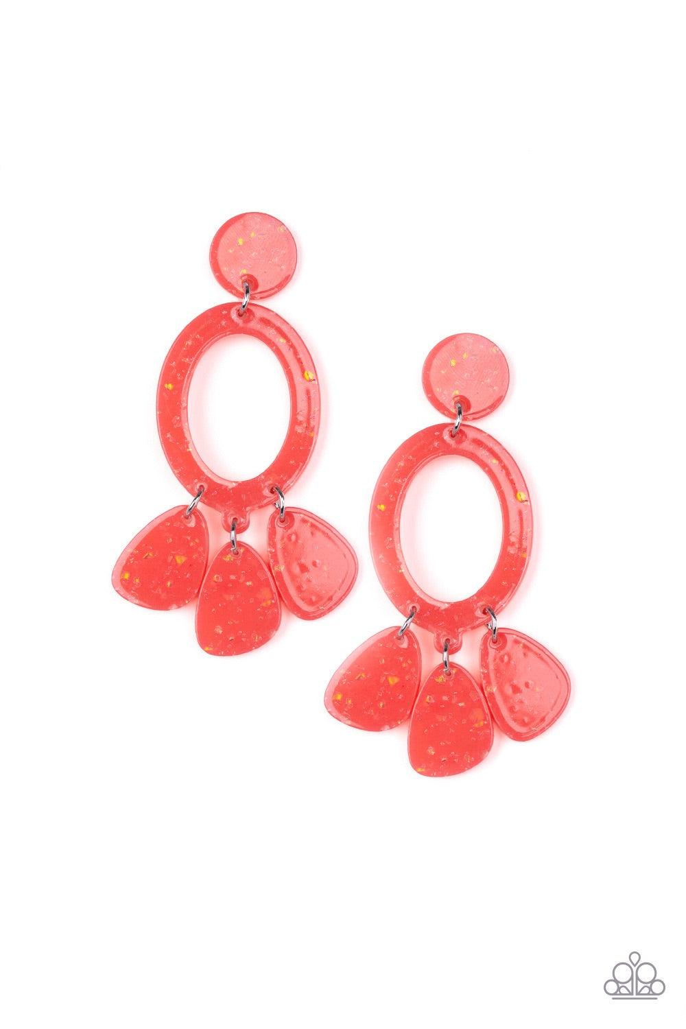 Paparazzi Accessories Sparkling Shores - Orange Sparkle flecked coral acrylic frames link into an abstract lure for a summery look. Earring attaches to a standard post fitting. Jewelry