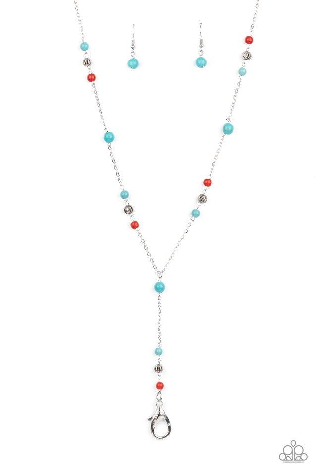Paparazzi Accessories Sandstone Savannah - Multi *Lanyard Infused with ornate silver beads, refreshing turquoise and fiery red stones trickle along a shimmery silver chain for a seasonal look. A lobster clasp hangs from the bottom of the design to allow a