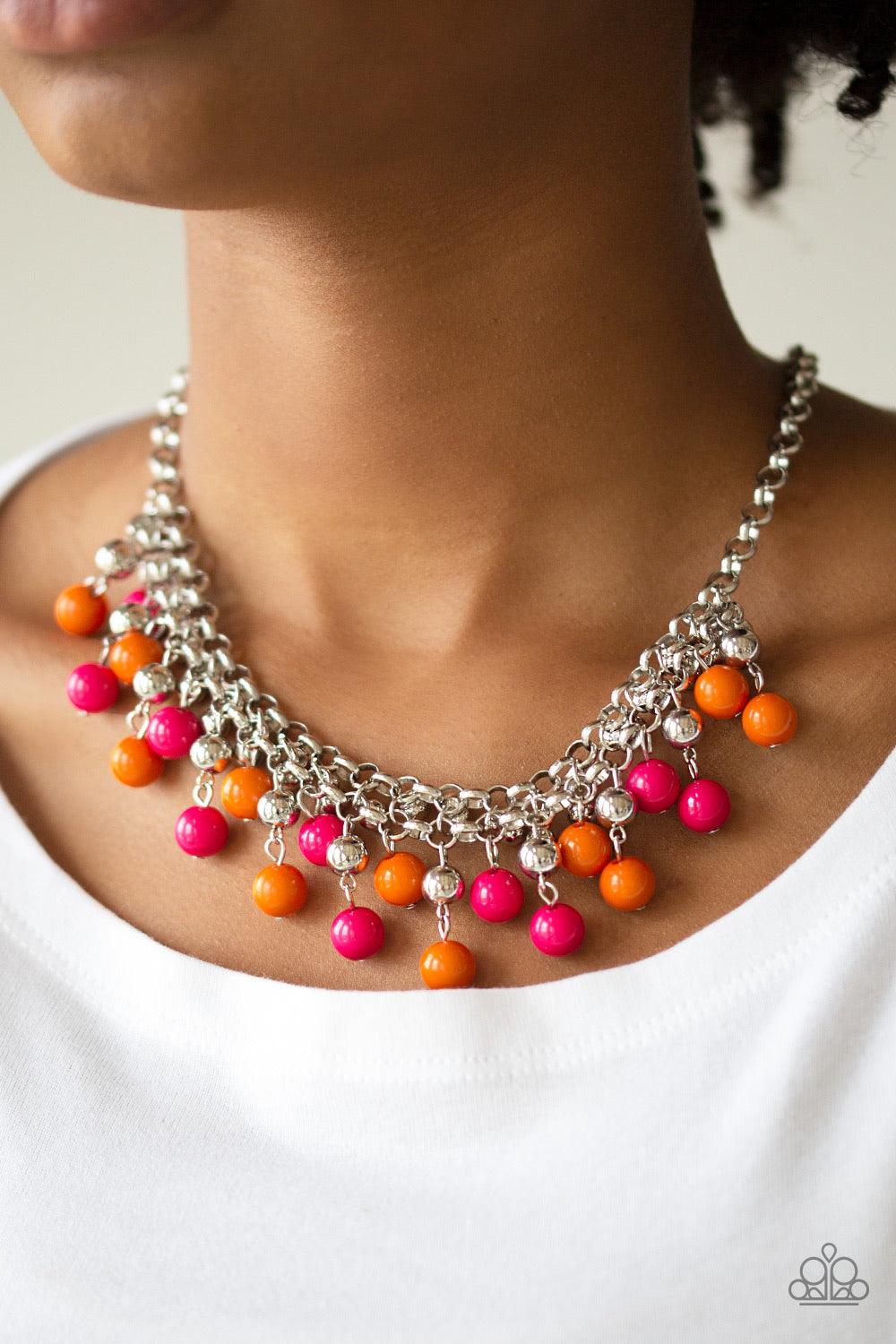 Paparazzi Accessories Friday Night Fringe - Multi Rows of classic orange, pink, and silver beads trickle from two rows of interlocking silver chains, creating a bold colorful fringe below the collar. Features and adjustable clasp closure. Sold as one indi