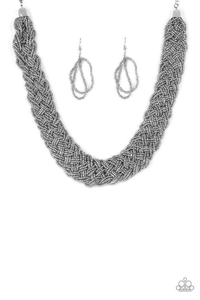 Paparazzi Accessories Mesmerizingly Mesopotamia - Silver Brushed in a flashy shimmer, metallic seed beads braid into an indigenous braid below the collar for a seasonal look. Features an adjustable clasp closure. Sold as one individual necklace. Includes
