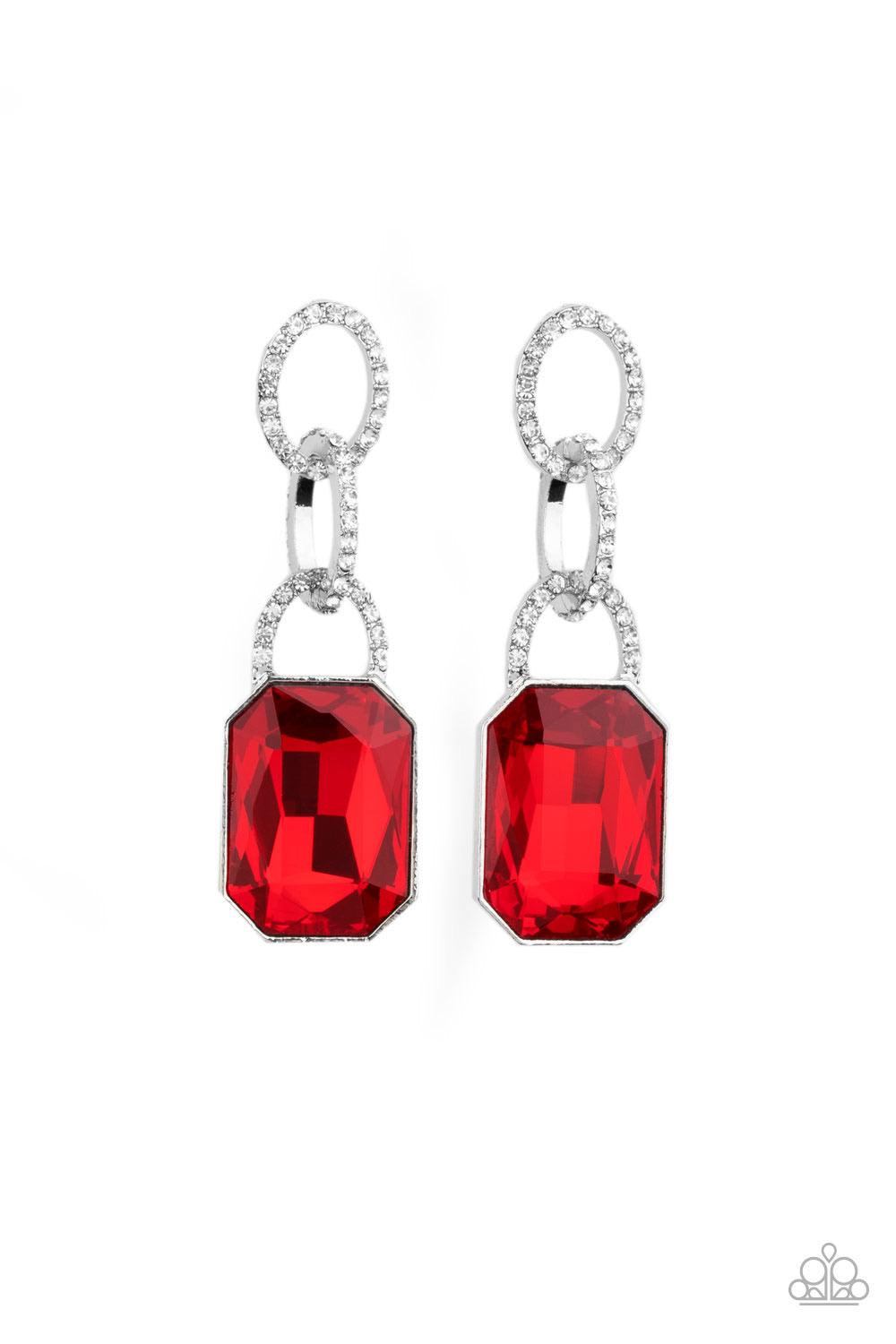 Paparazzi Accessories Superstar Status - Red An oversized red emerald-cut rhinestone swings from the bottom of white rhinestone encrusted links, creating a gorgeously dramatic lure. Earring attaches to a standard post fitting. Sold as one pair of post ear