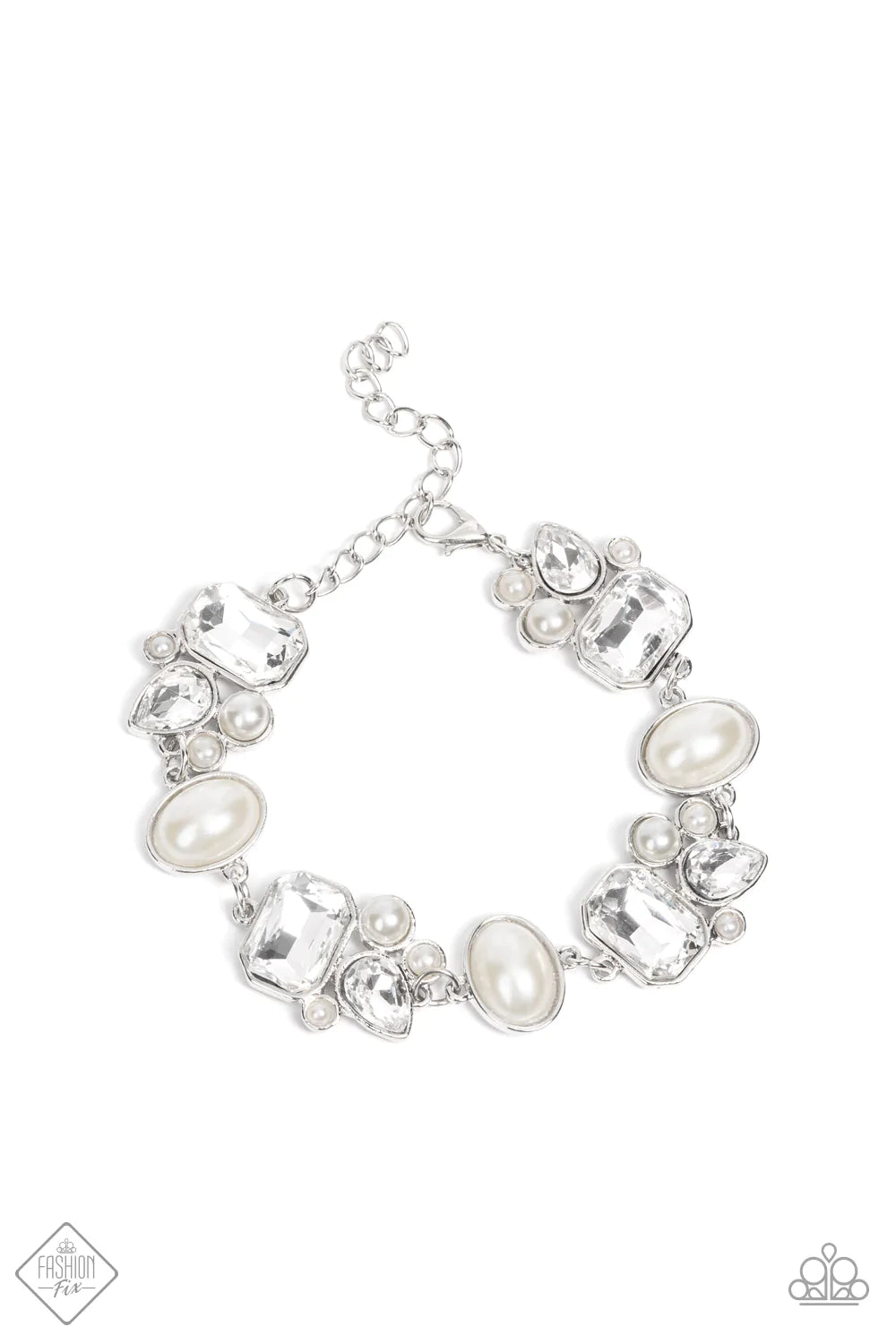 Paparazzi Accessories Best In SHOWSTOPPING - White Showstopping teardrop and emerald cut rhinestones, accented with bubbly pearl beads, coalesce into stunning asymmetrical frames. A trio of elegant white oval pearl beads delicately alternate with the asym