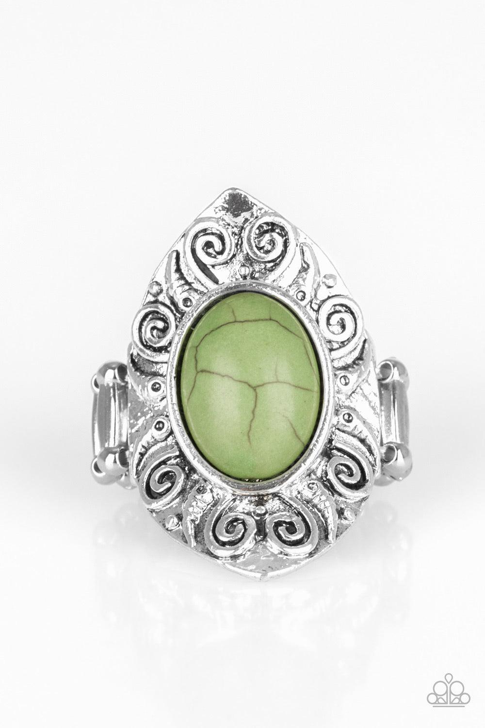 Paparazzi Accessories Mega Mother Nature - Green A refreshing green stone is pressed into a shimmery silver frame embossed in swirling details for an artisan inspired look. Features a stretchy band for a flexible fit. Sold as one individual ring. Jewelry