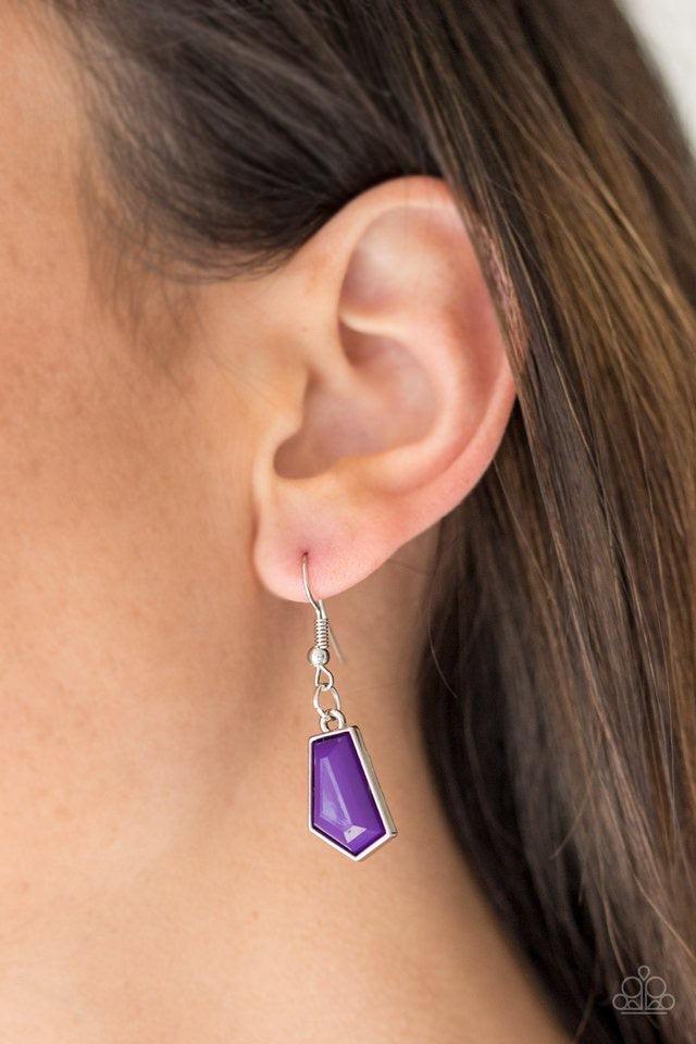 Paparazzi Accessories Get Up and Geo - Purple Featuring emerald-style cuts, faceted purple beads are pressed into sleek silver frames. The colorful frames join at the bottom of a shimmery silver chain, creating a bold geometric fringe below the collar. Fe